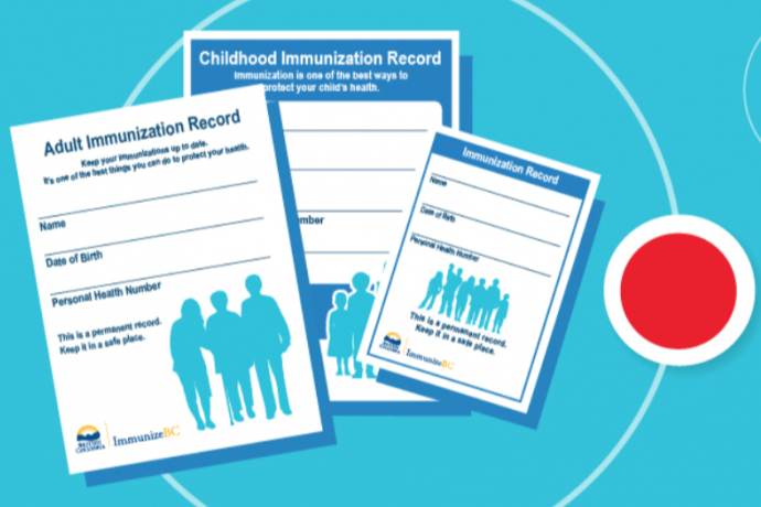 A preview of the immunization record pages over a blue background.