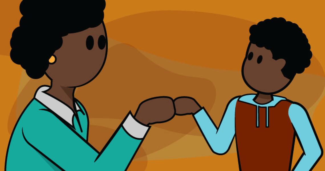 A cartoon parent fist bumping their child in front of an orange background.