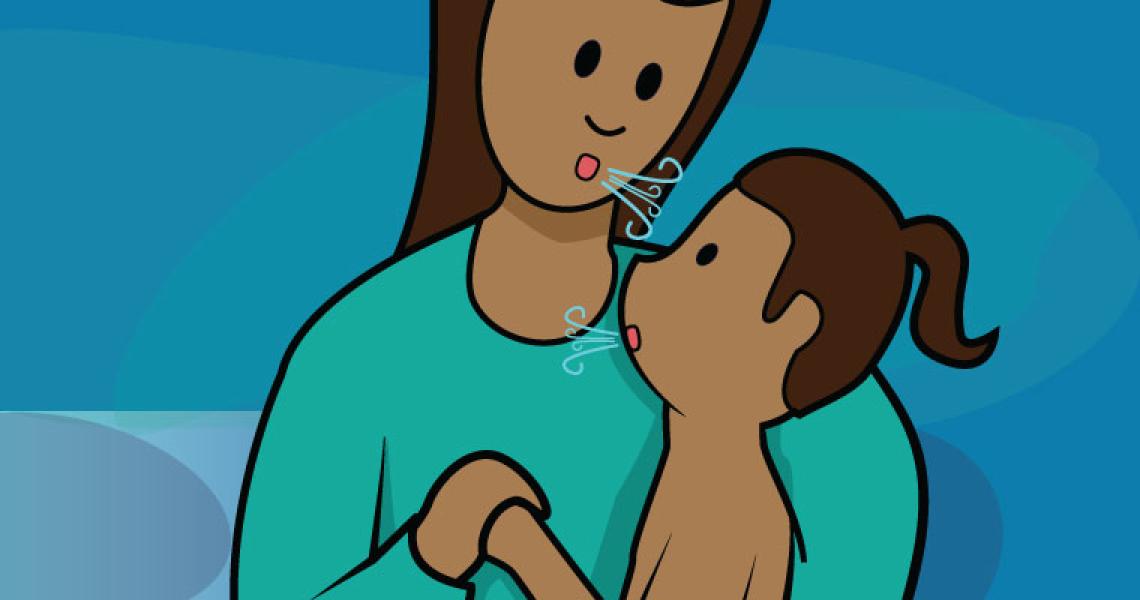 A cartoon parent deep breathing with their child on their lap.