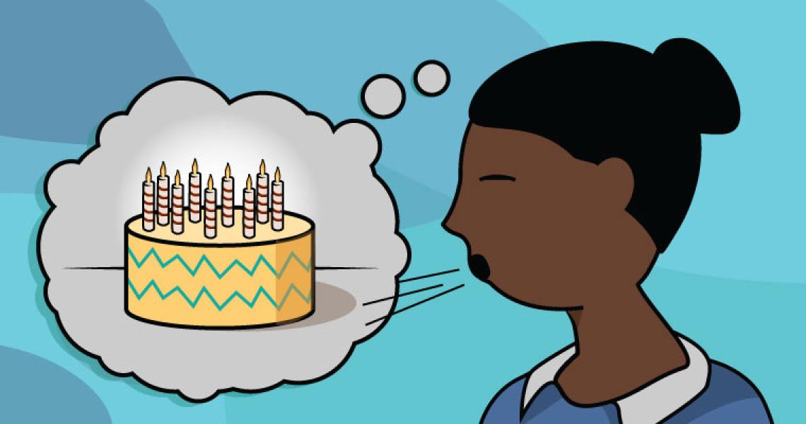 A cartoon teenager deep breathing beside a thought bubble of blowing out candles.