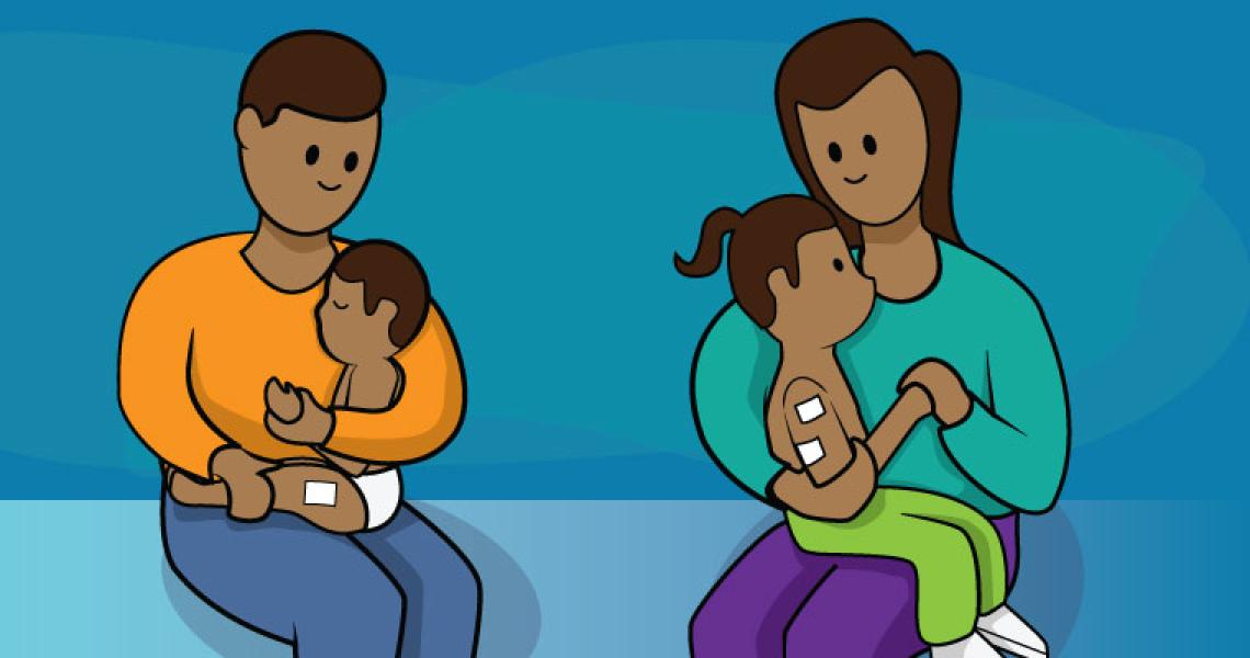 Two cartoon parents holding children in their lap with white strips on their arms in front of a blue background.