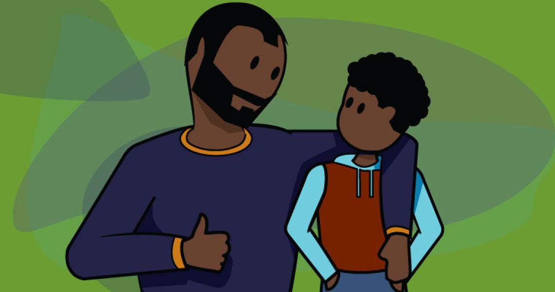 A Black cartoon parent sitting beside their child and talking in front of a green background.