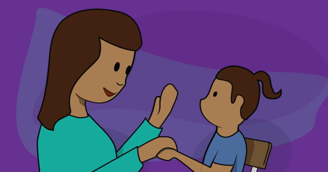 Graphic of a cartoon woman talking to a child in front of a purple background.