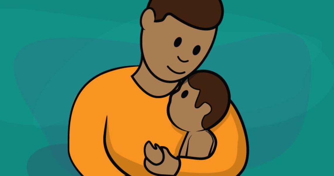 A cartoon parent holding a child in their arms in front of a turquoise background.