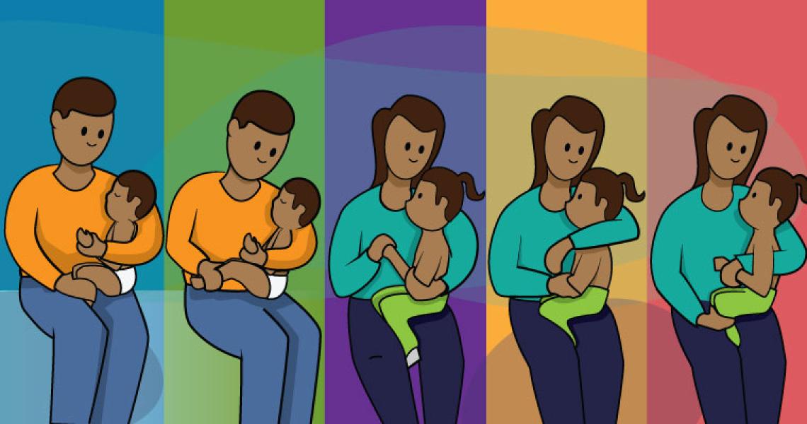 Five columns of cartoon parents holding children in their arms with varying background colours. 