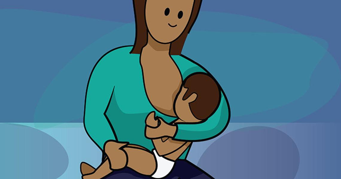 A cartoon parent breast/chestfeeding their child while sitting down in front of a blue background.