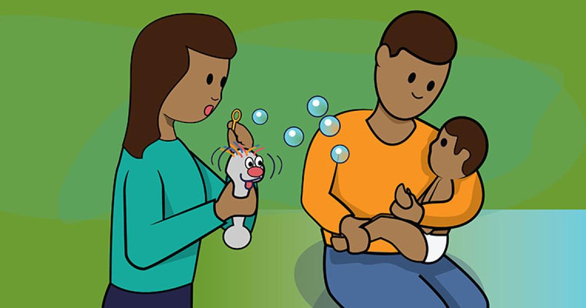 Two cartoon parents distracting their child with bubbles in front of a green background.