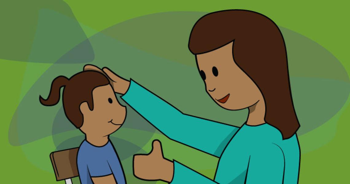 A cartoon parent praising their child while patting their head in front of a green background.