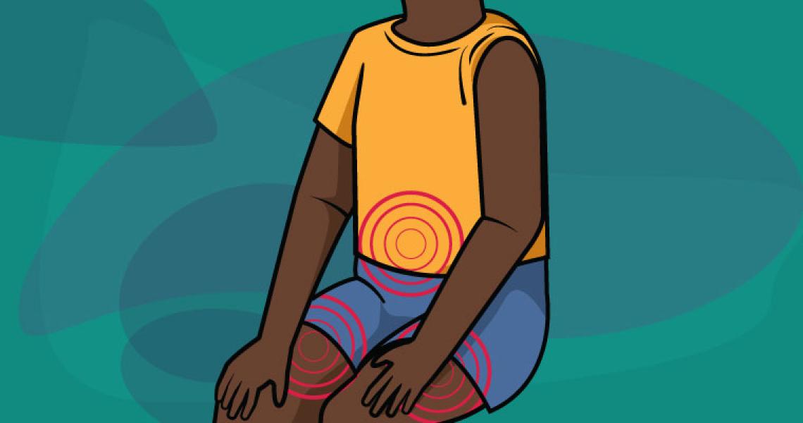 A cartoon child sitting with their sleeve rolled up in front of a blue background.