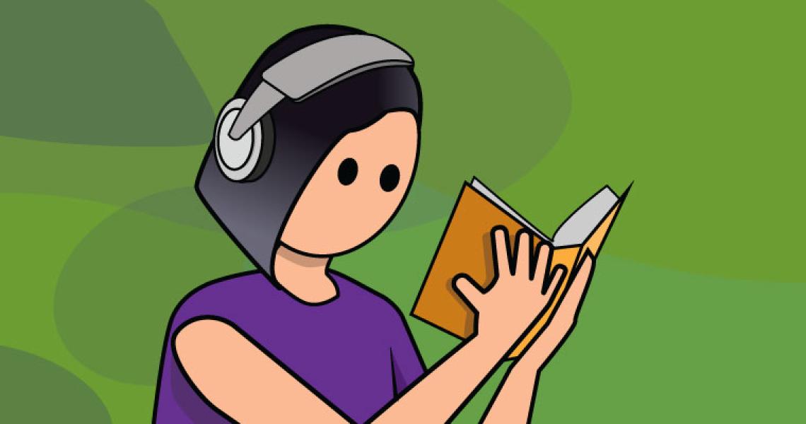 A cartoon person reading a book and listening to music in front of a green background.
