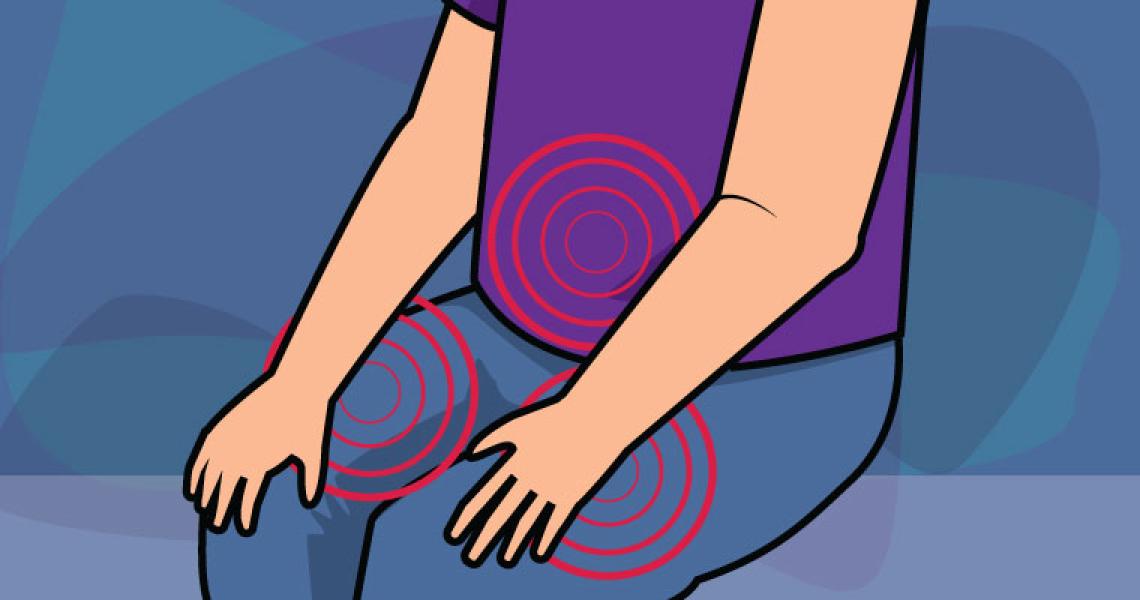A cartoon person sitting with red circles indicating muscle tension.