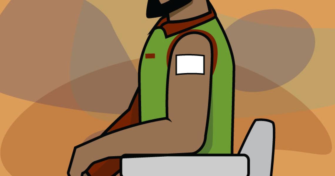 A cartoon brown man sitting in a chair with a white patch on his arm.