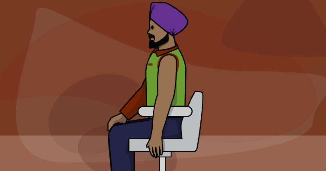 A cartoon man wearing a turban sitting in a chair with his arm relaxed.